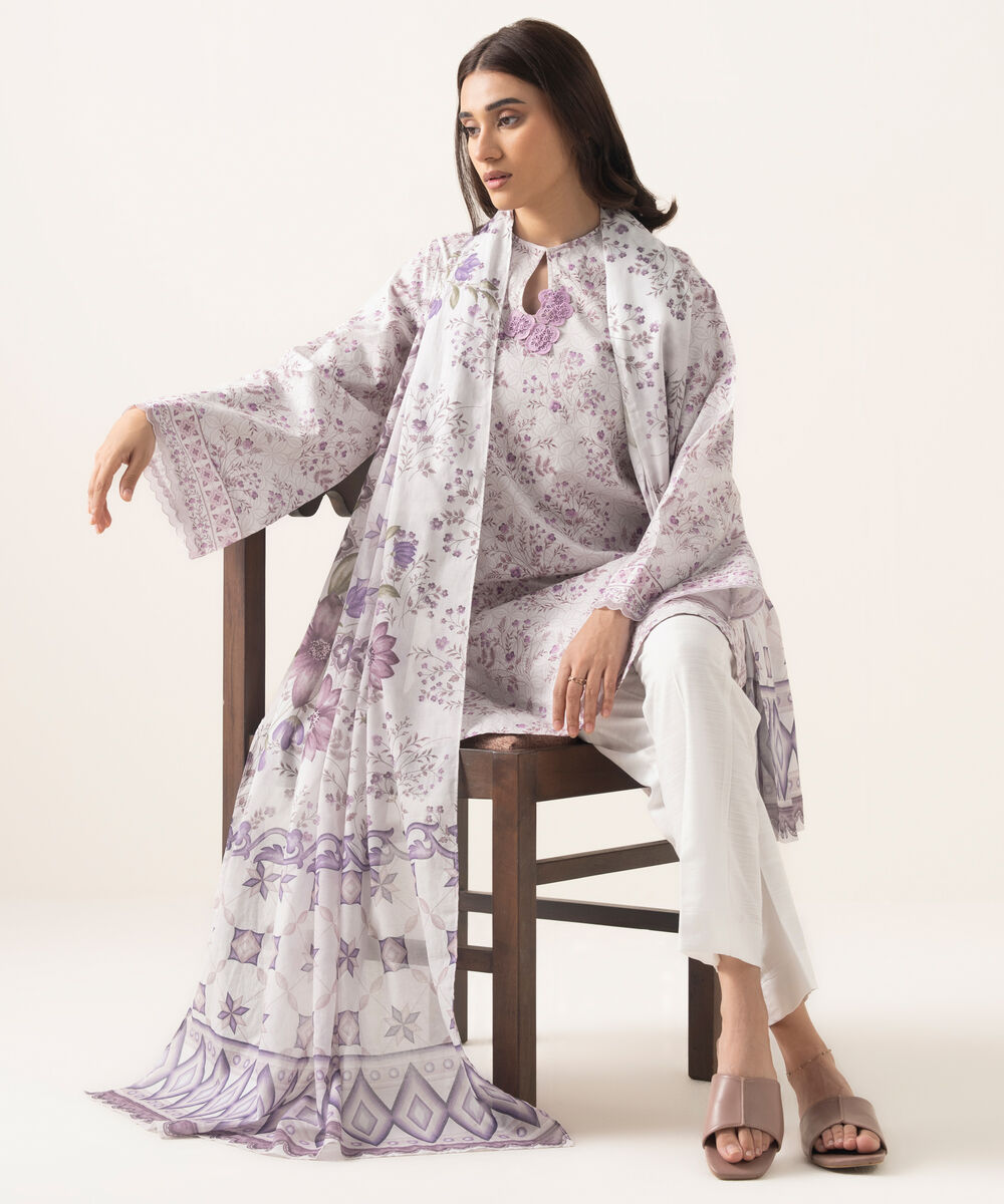 Women's Unstitched Lawn Printed Purple 3 Piece Suit