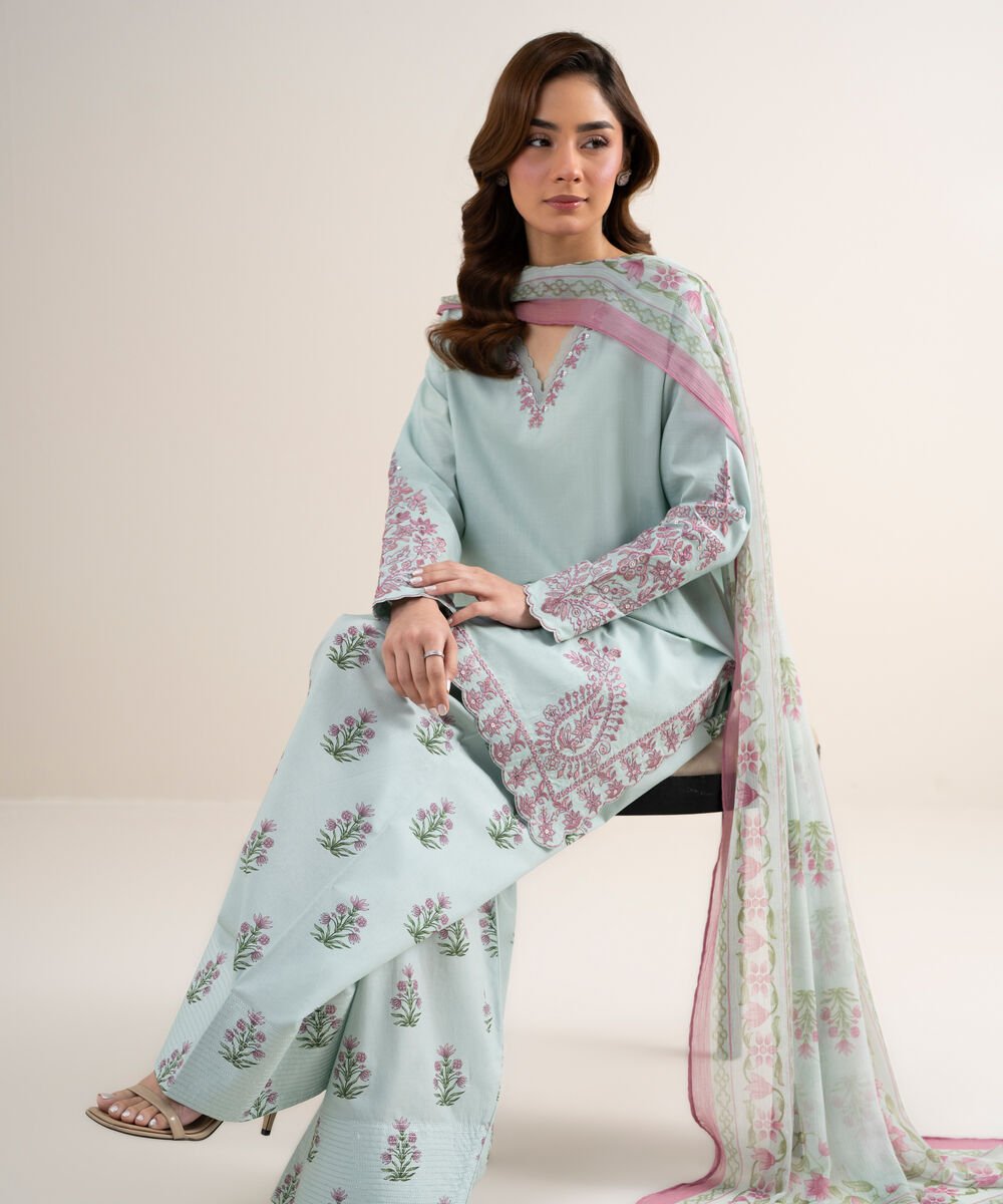 Women's Unstitched Textured Lawn Embroidered Blue 3 Piece Suit