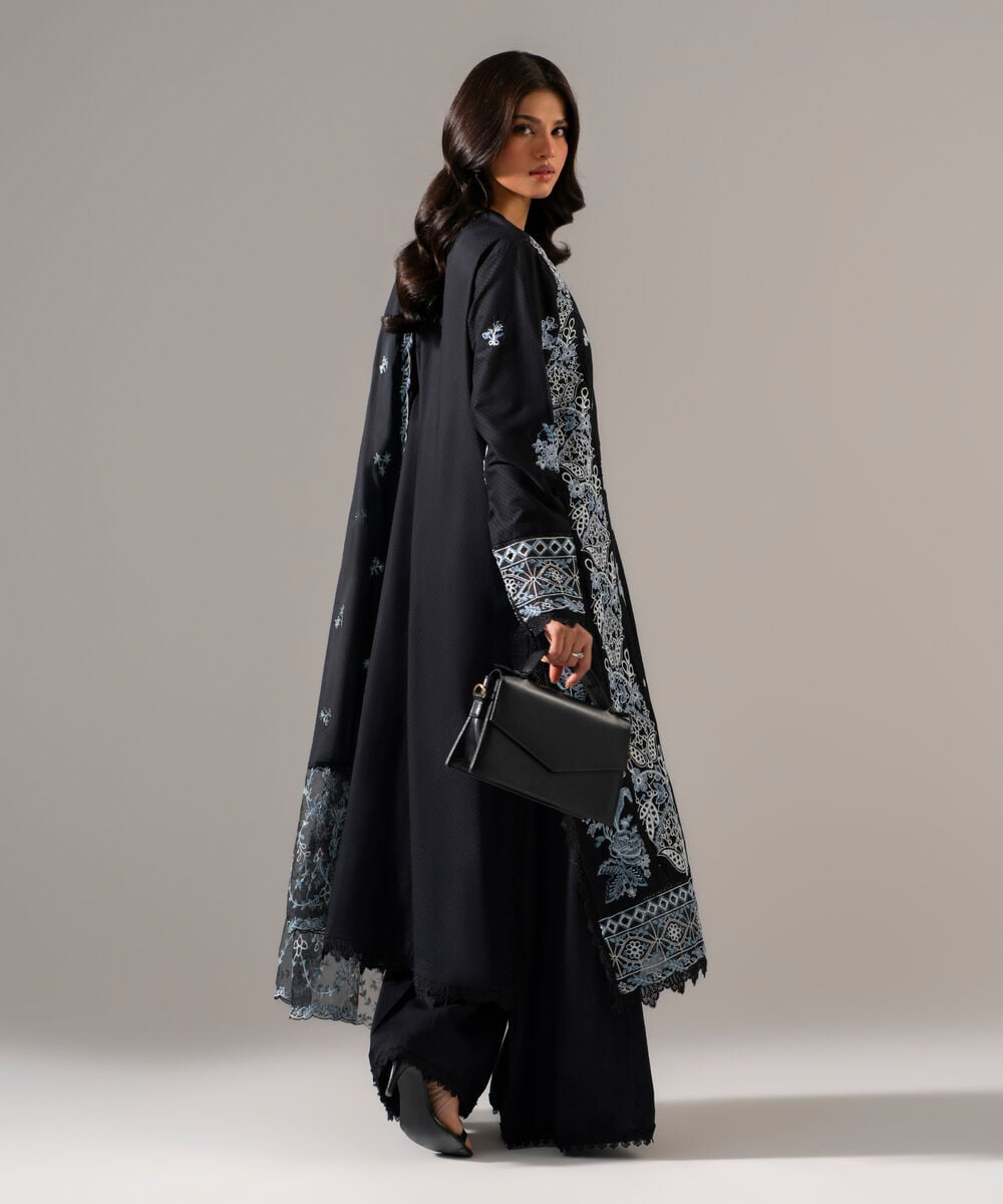 Women's RTW Dobby Solid Embroidered Black 3 Piece Suit