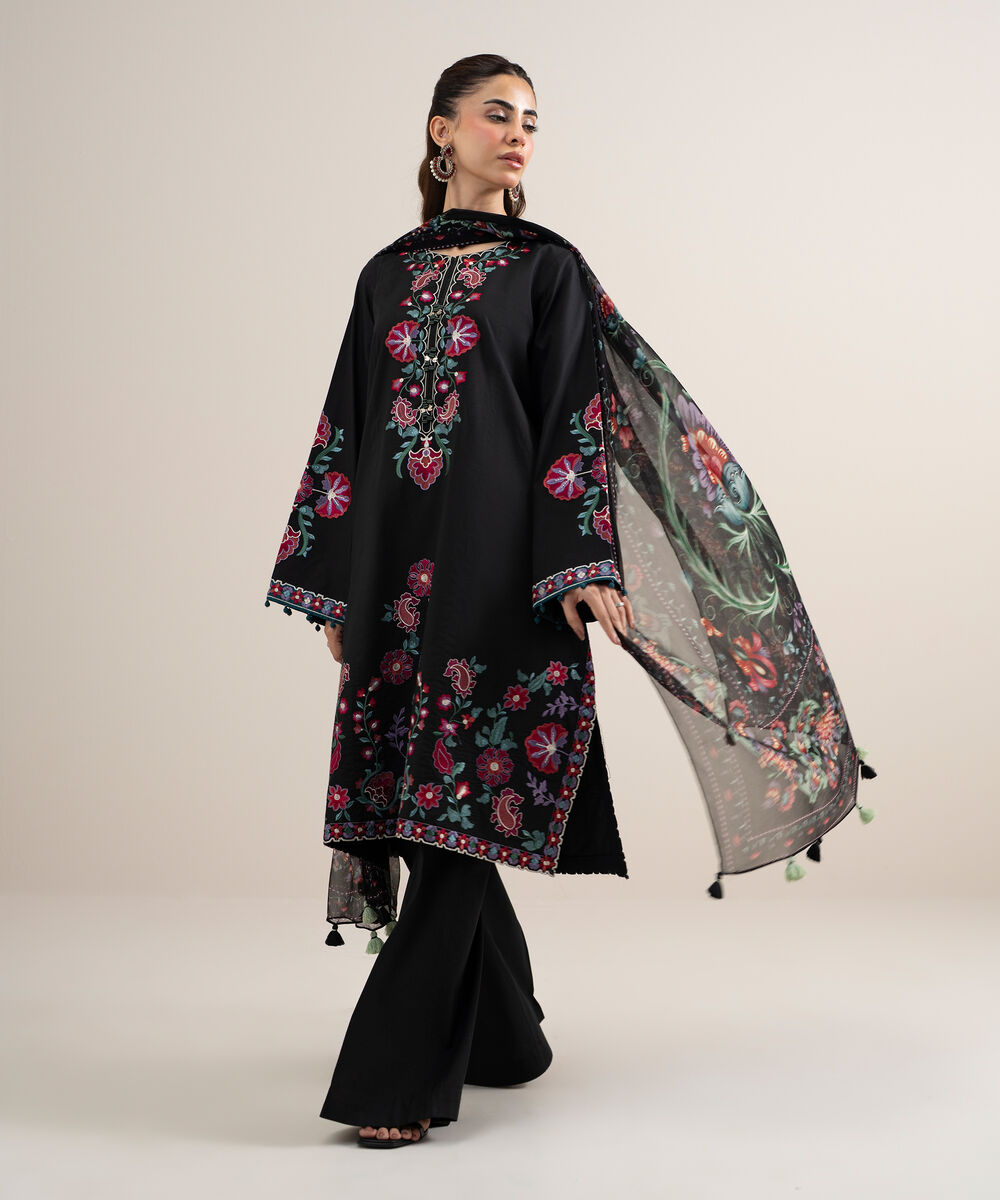 Women's Unstitched Dobby Embroidered Black 3 Piece Suit