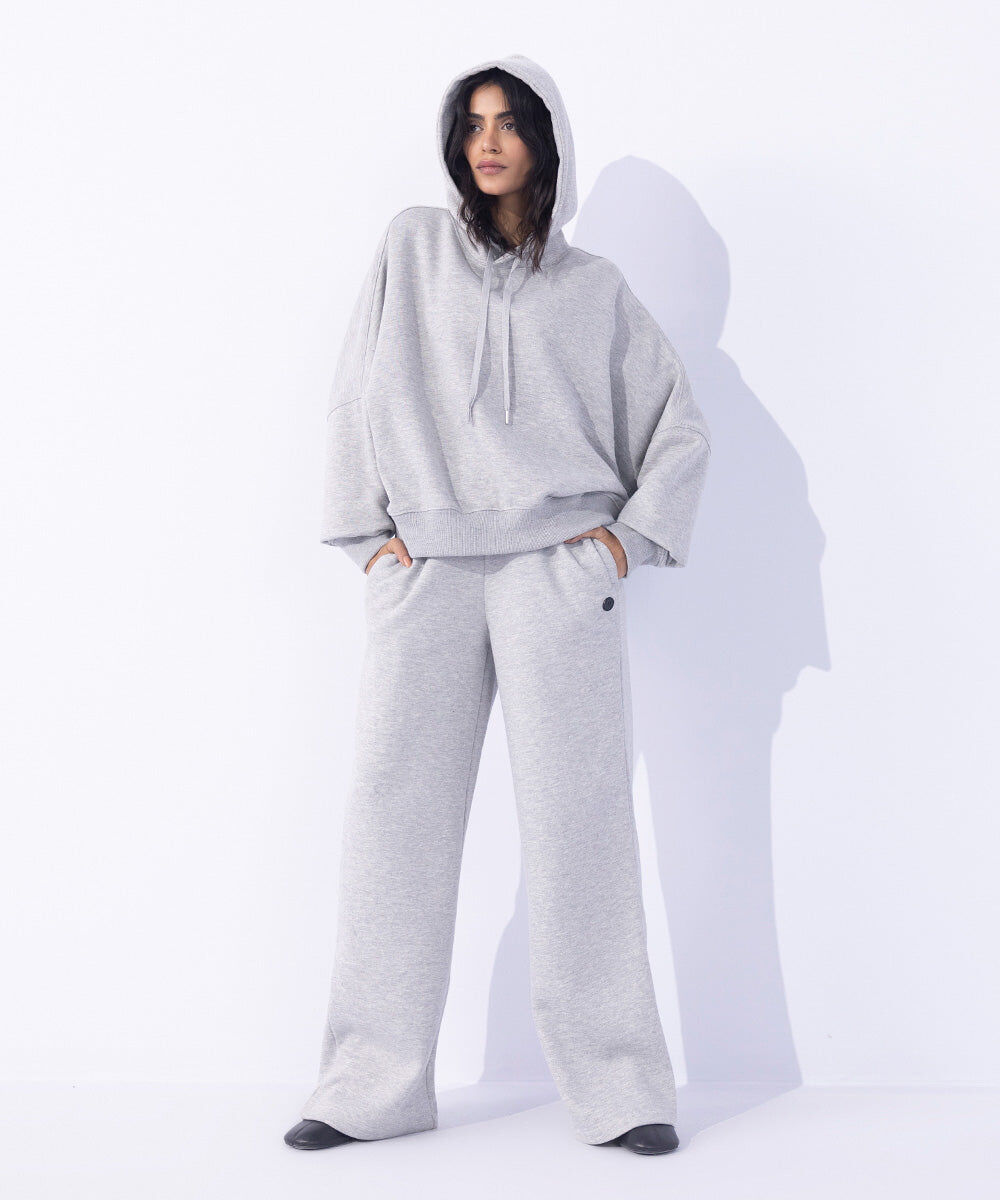 Woman - Grey Fleece Wide Leg Jogging Trousers