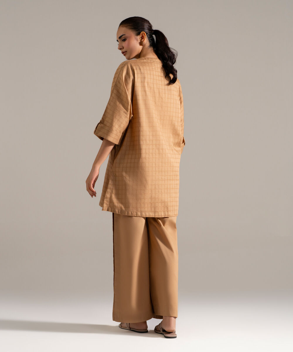 Women's RTW Dobby Printed Beige Drop Shoulder Shirt