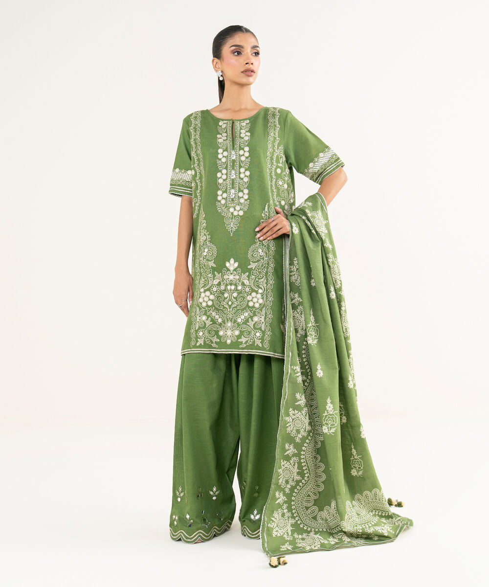 Women's Unstitched Light Khaddar Embroidered Green 3 Piece Suit