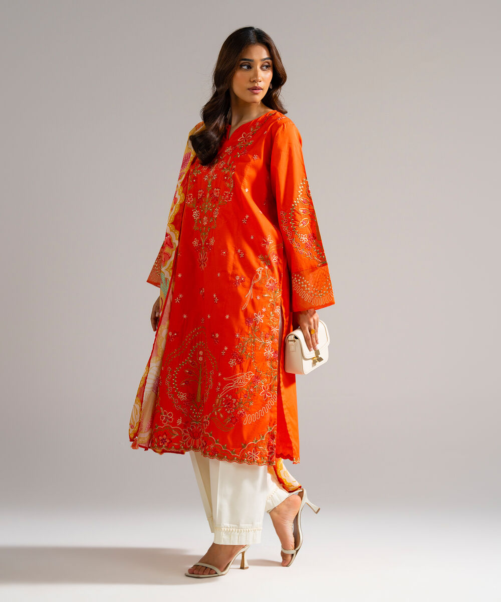 Women's RTW Lawn Embroidered Orange 2 Piece Suit