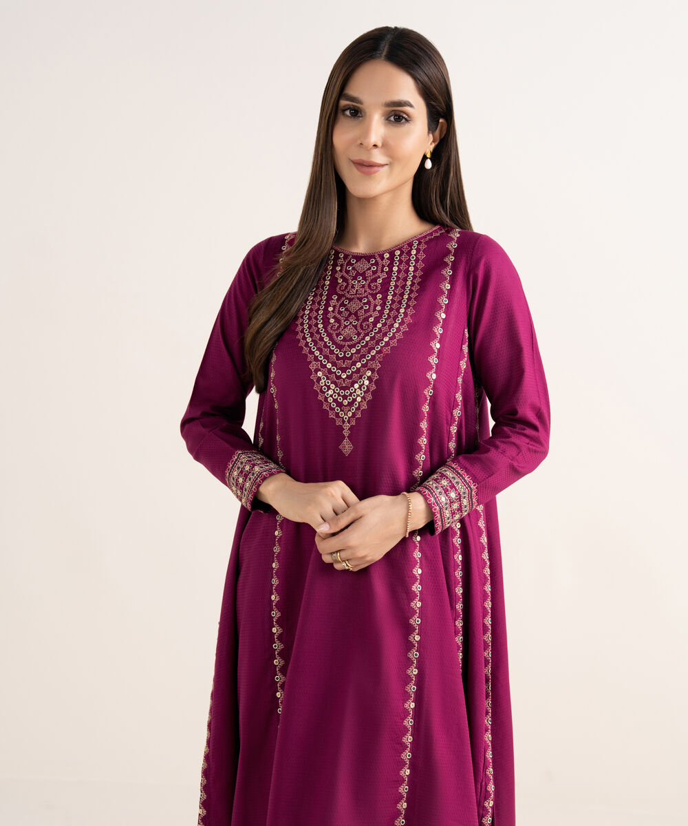 Women's RTW Textured Cotton Crimson Embroidered A-Line Shirt