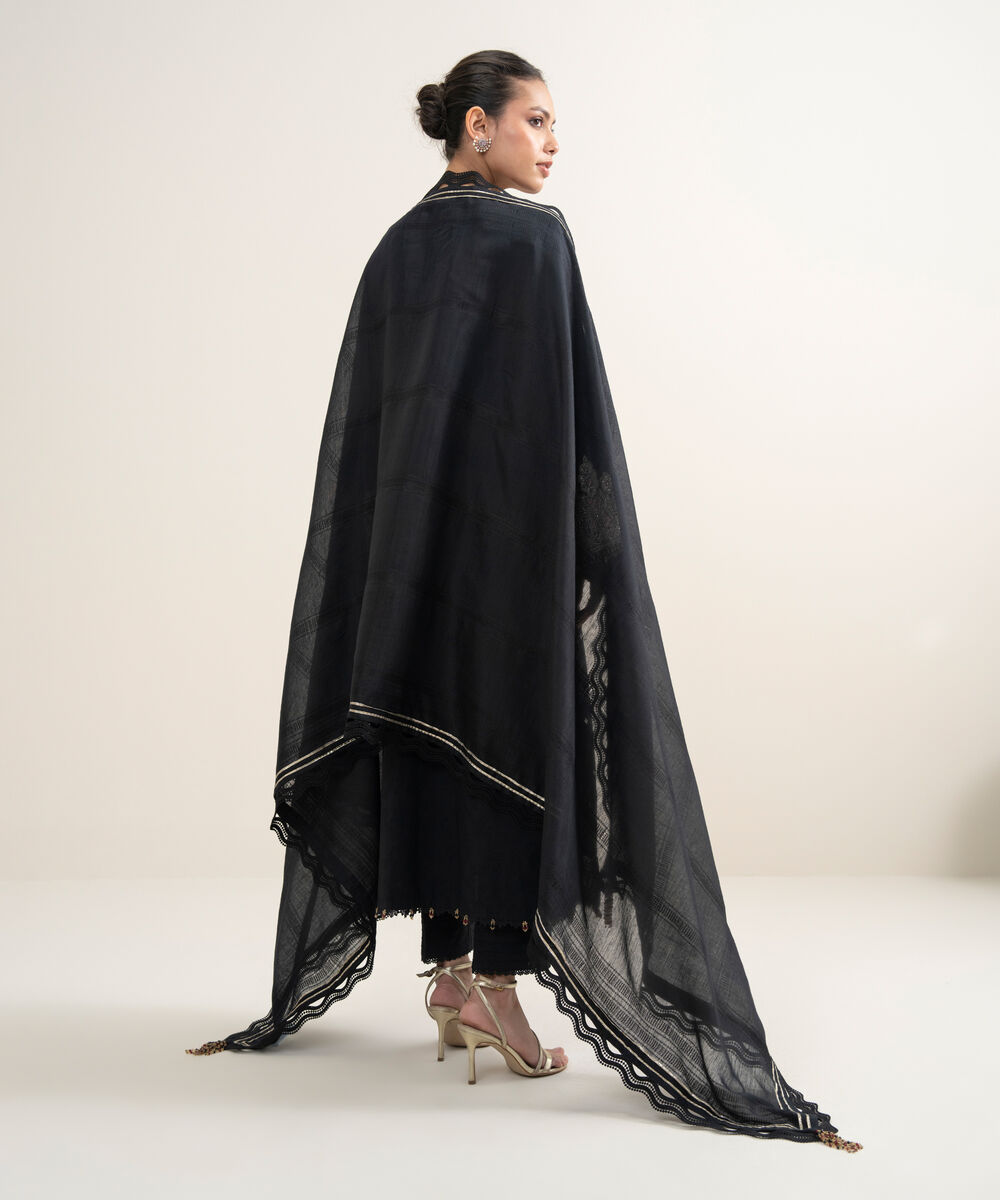 Women's Unstitched Cotton Jacquard Embroidered Black 3 Piece Suit