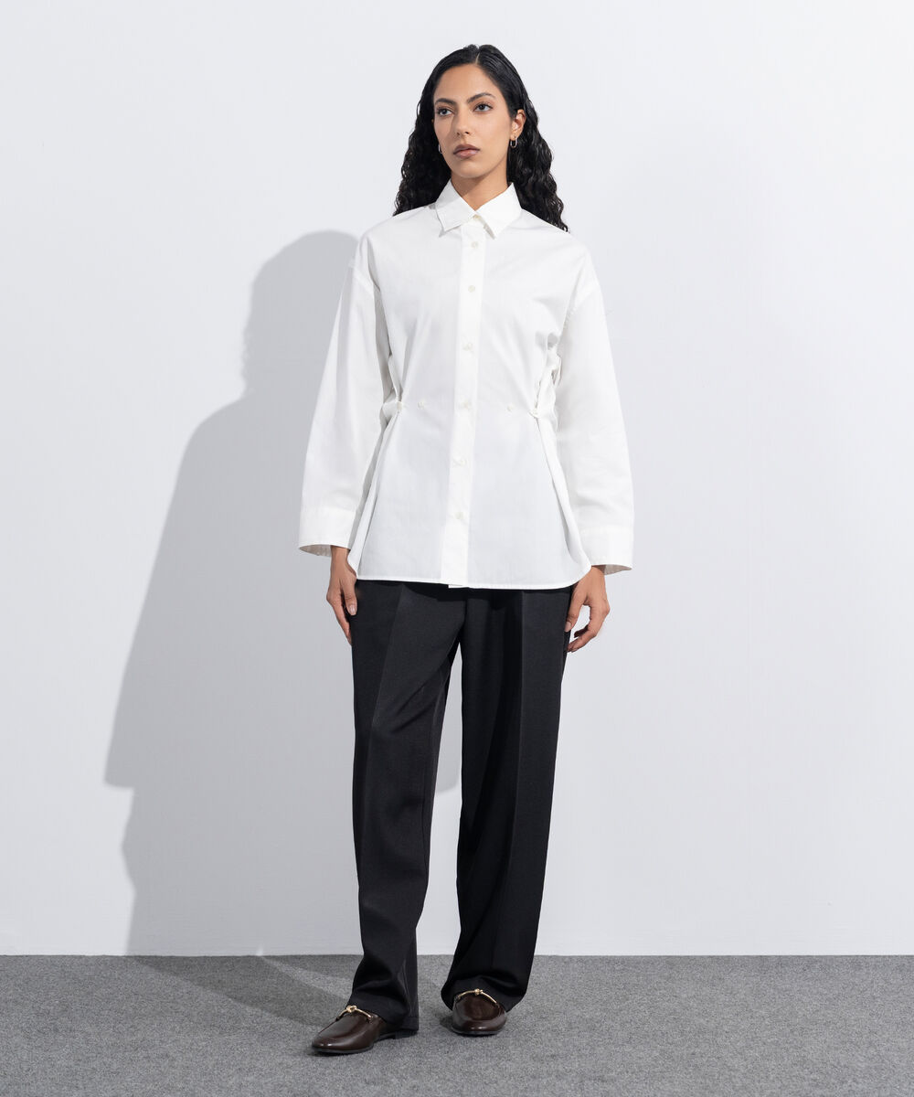 Women's Western Wear White Cinched Waist Button Through Shirt