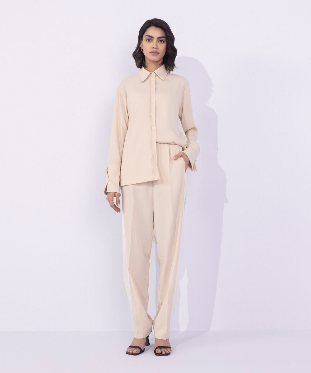 Women's Western Wear Beige Straight-Fit Textured Trousers