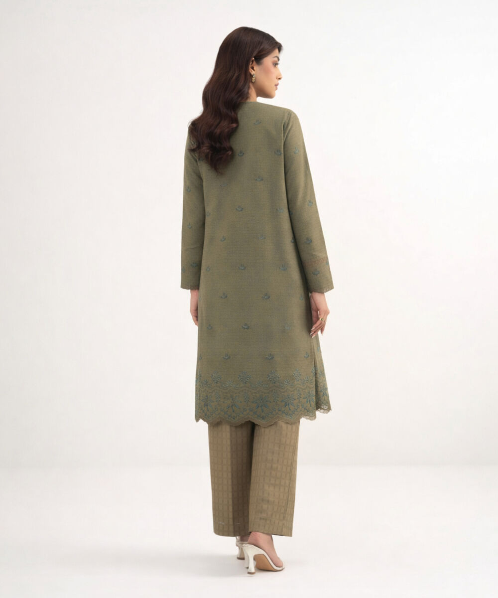 Women's Unstitched 3D Dobby Olive Green  3 Piece Suit