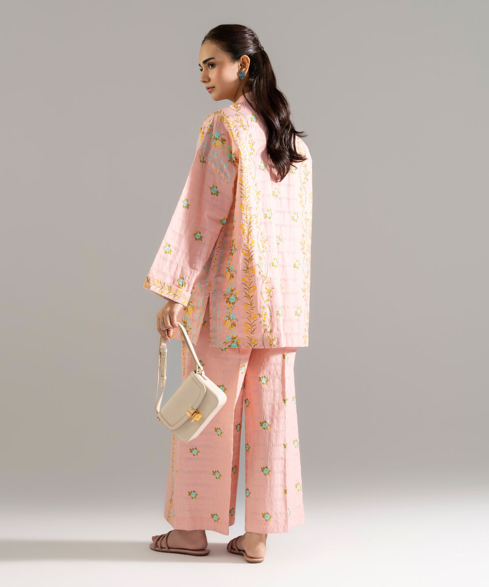 Women's RTW Seersucker Printed Pink Drop Shoulder Shirt