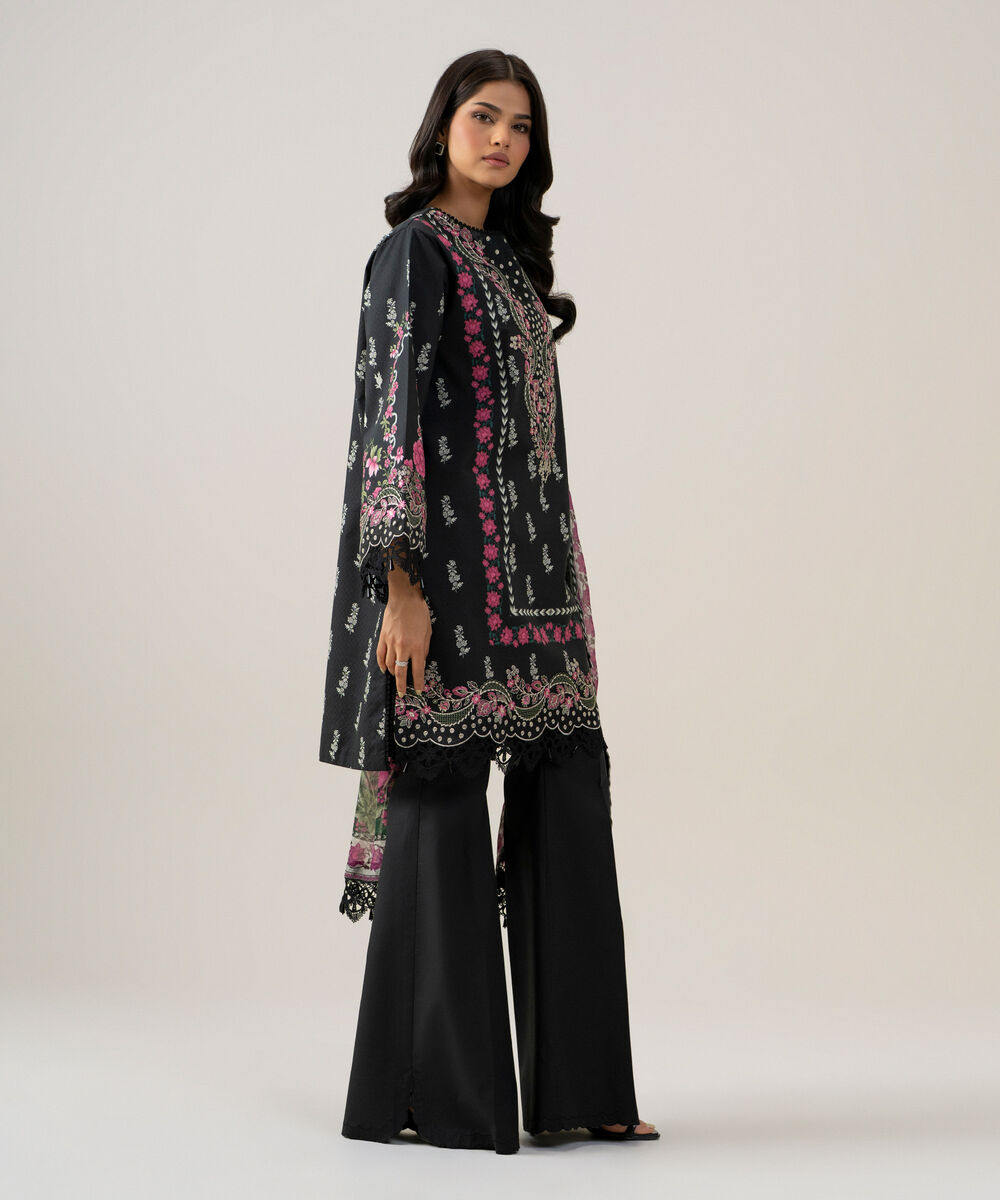 Women's Unstitched Bemberg Tissue Printed Black 3 Piece Suit