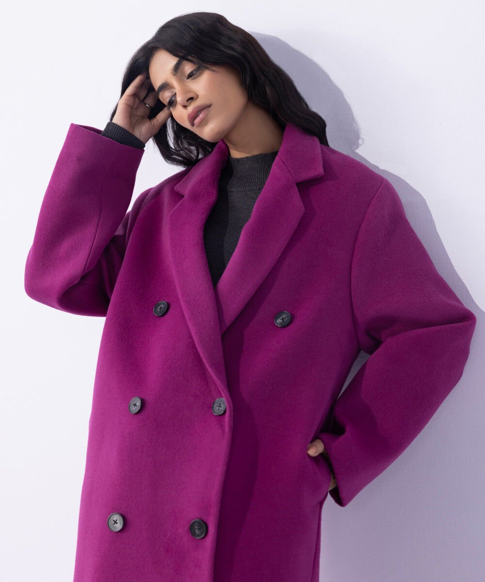Double Breasted Coat with Side Pockets Woman - Purple Double Breasted Coat with Side Pockets