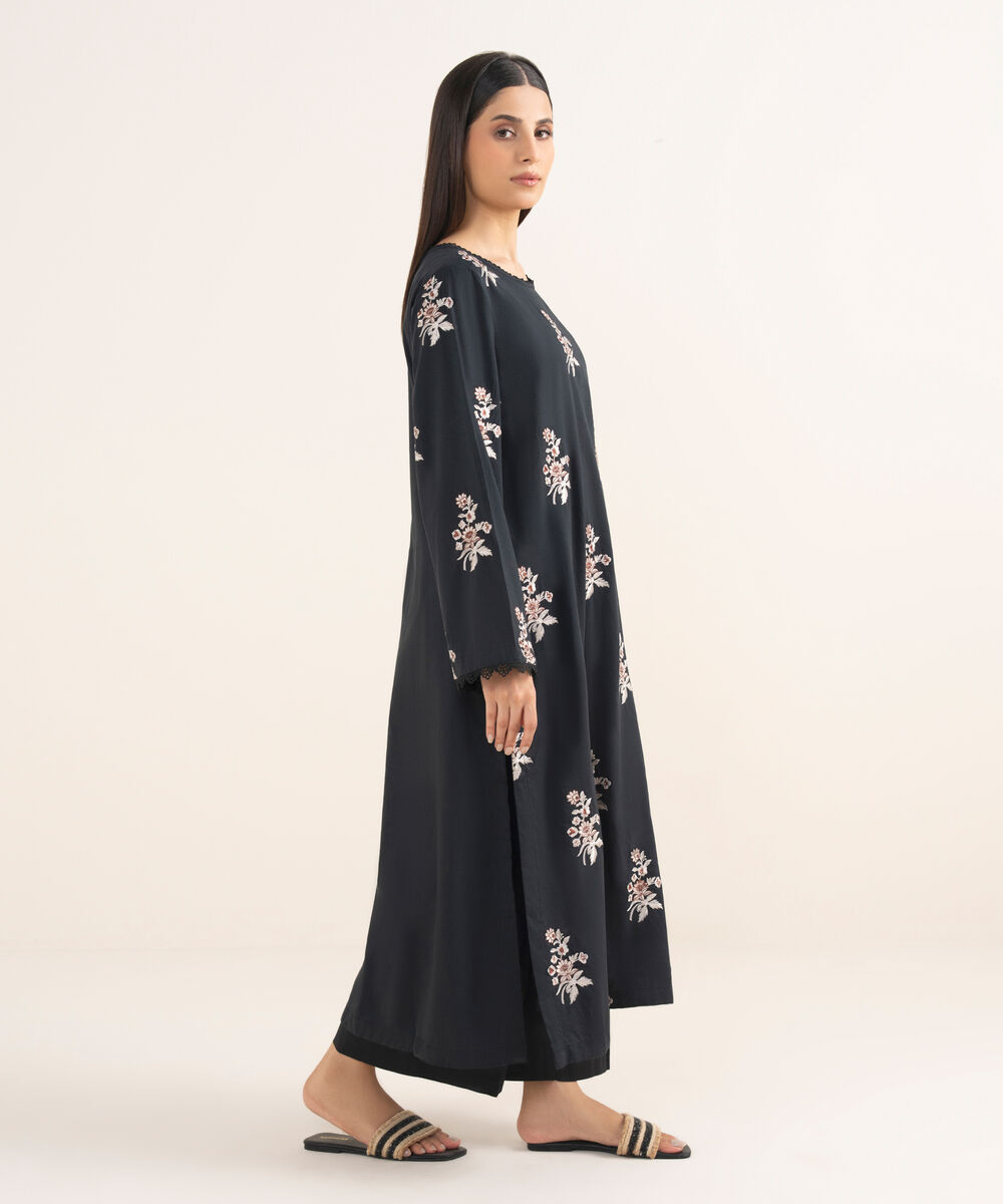 Women's RTW Lawn Viscose Black Embroidered A-Line Shirt