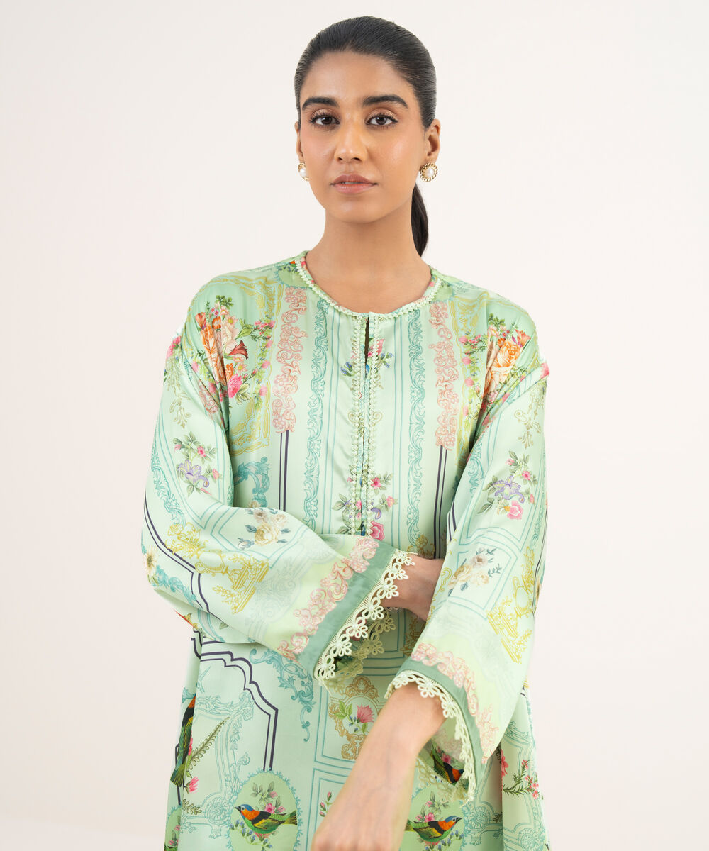 Women's RTW Blended Satin Green Printed A-Line 2 Piece Suit