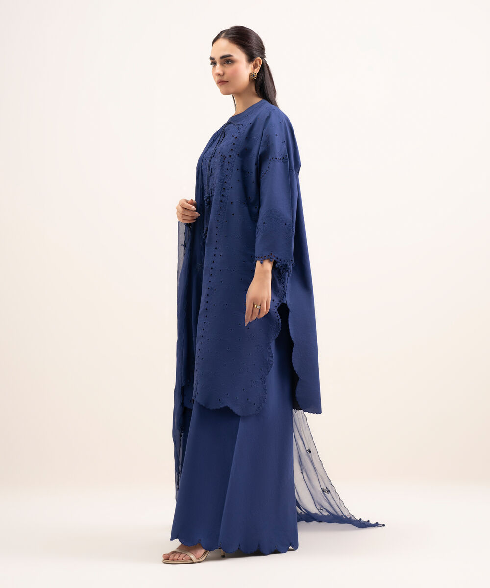 Women's Unstitched Textured Lawn Embroidered Blue 3 Piece Suit