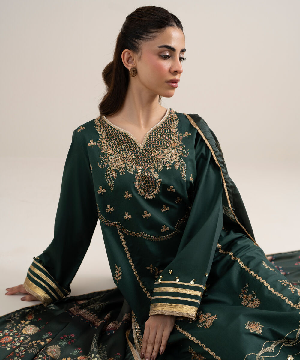 Women's Unstitched Dobby Embroidered Green 3 Piece Suit