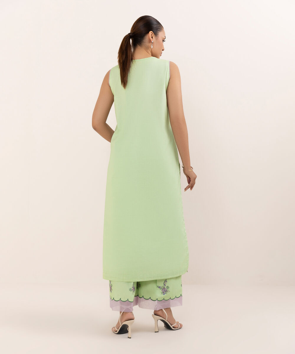 Women's Unstitched Cotton Embroidered Green Two Piece Suit