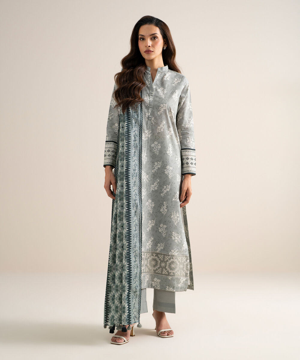 Women's Unstitched Lawn Embroidered Grey