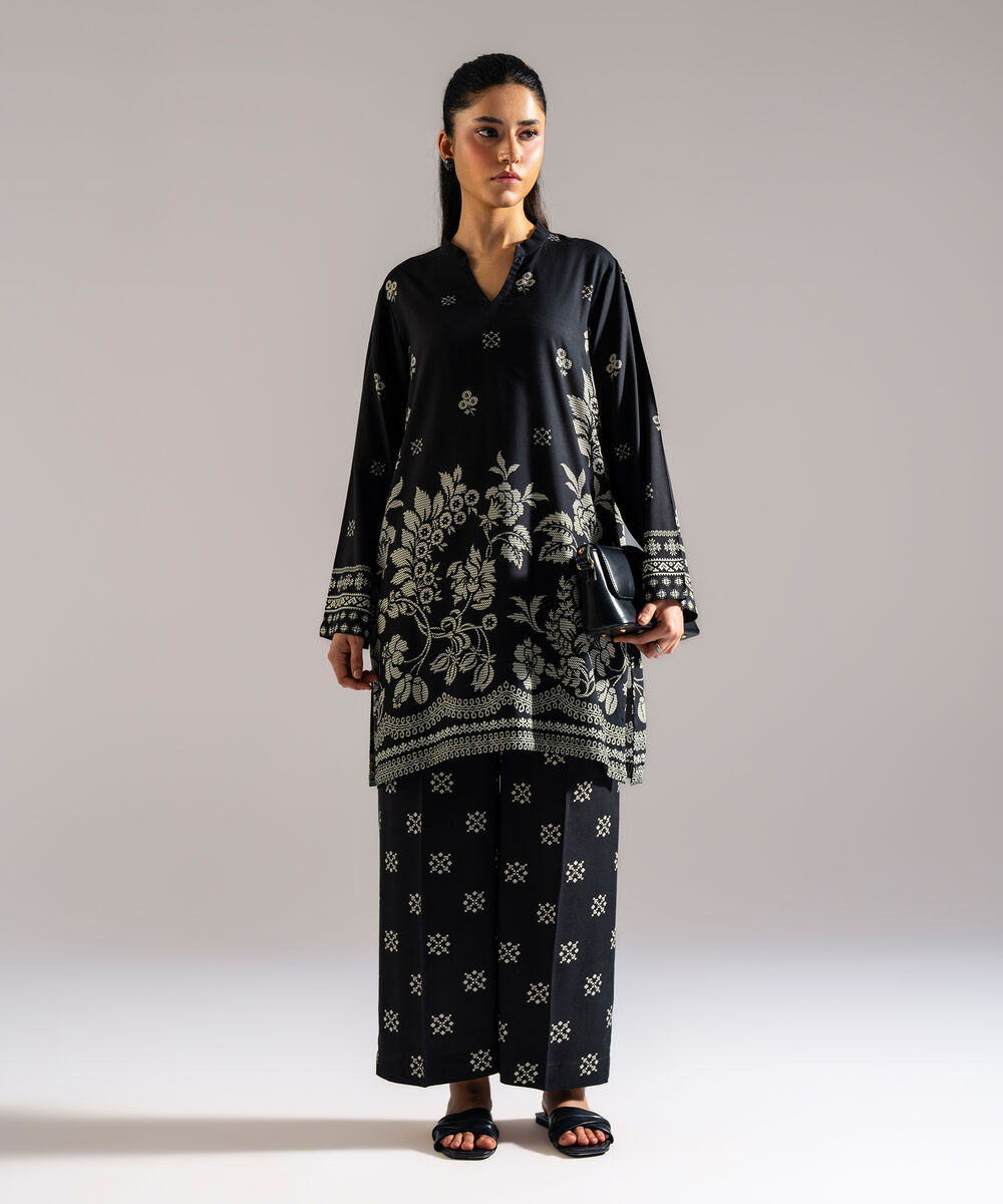 Women's RTW Arabic Lawn Printed Black 2 Piece Suit