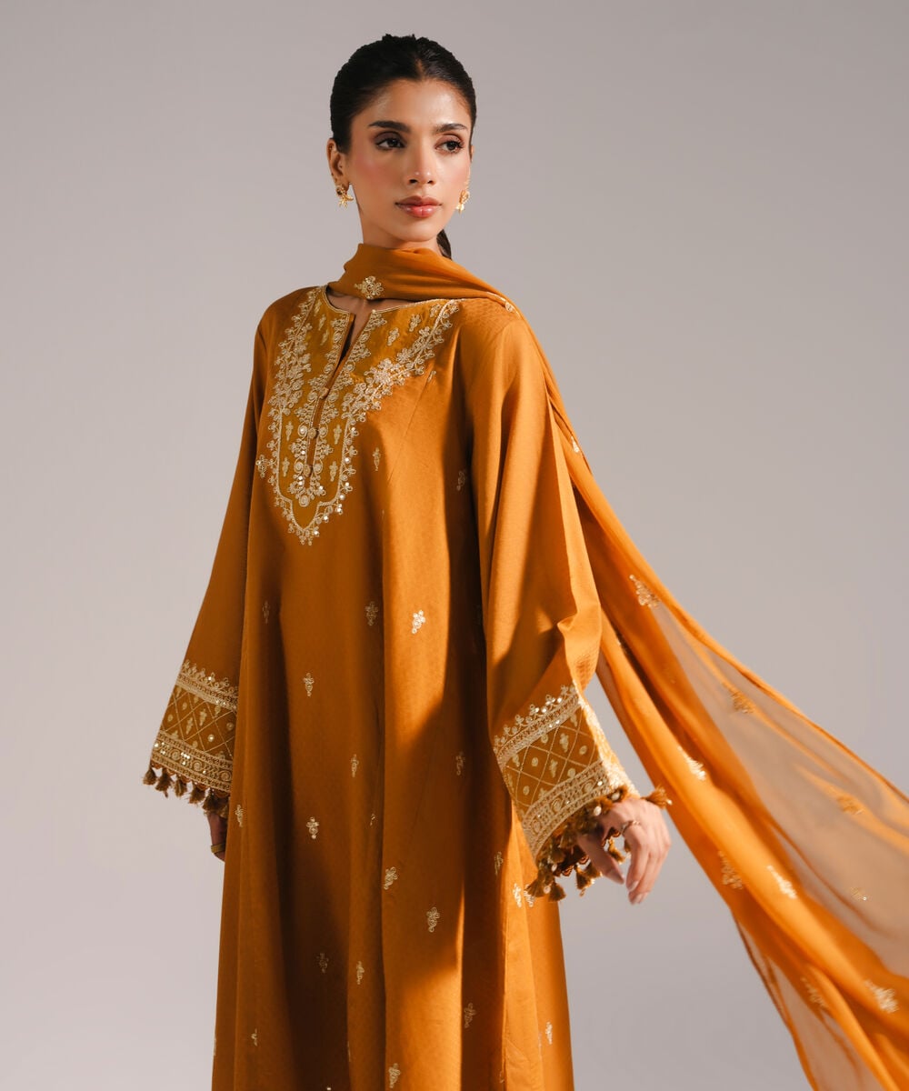 Women's RTW Dobby Embroidered Mustard Yellow 3 Piece Suit