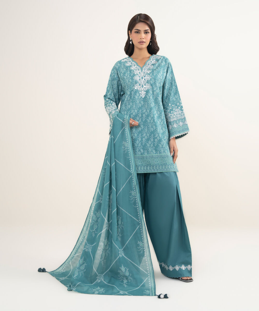 Women's Unstitched Lawn Embroidered Aqua 3 Piece Suit