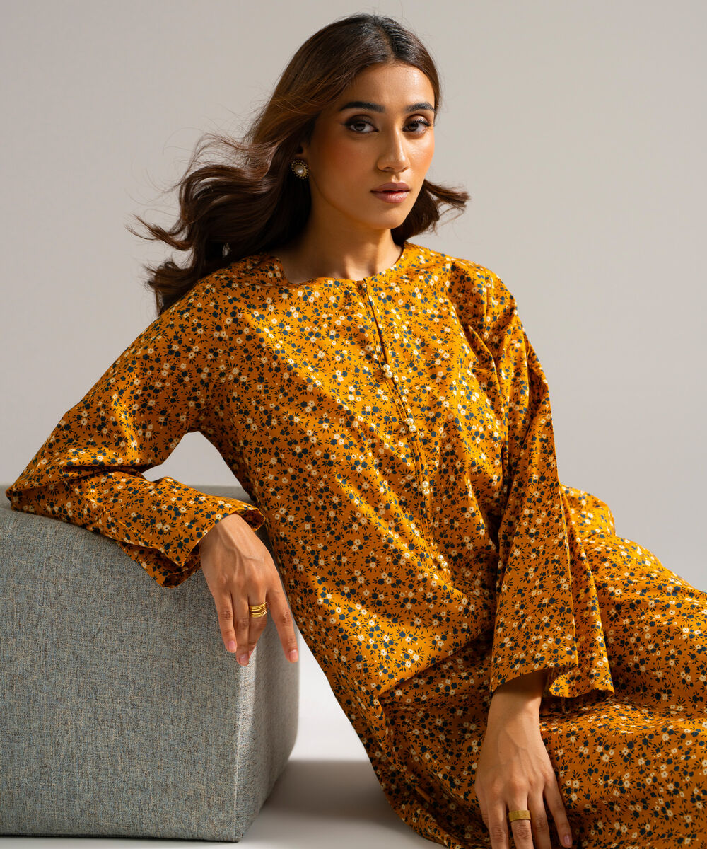 Women's RTW Lawn Printed Orange Straight Shirt