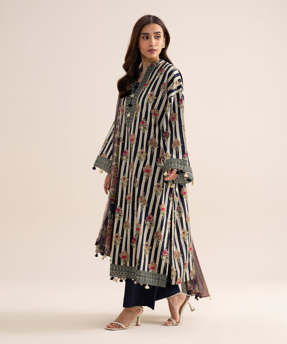 Women's Unstitched Arabic Lawn Embroidered Black & White  3 Piece Suit