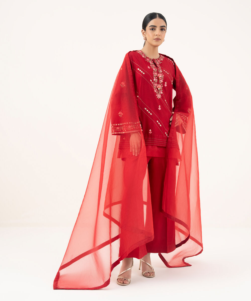 Women's RTW Silk Cotton Net Red Embroidered 3 Piece Suit