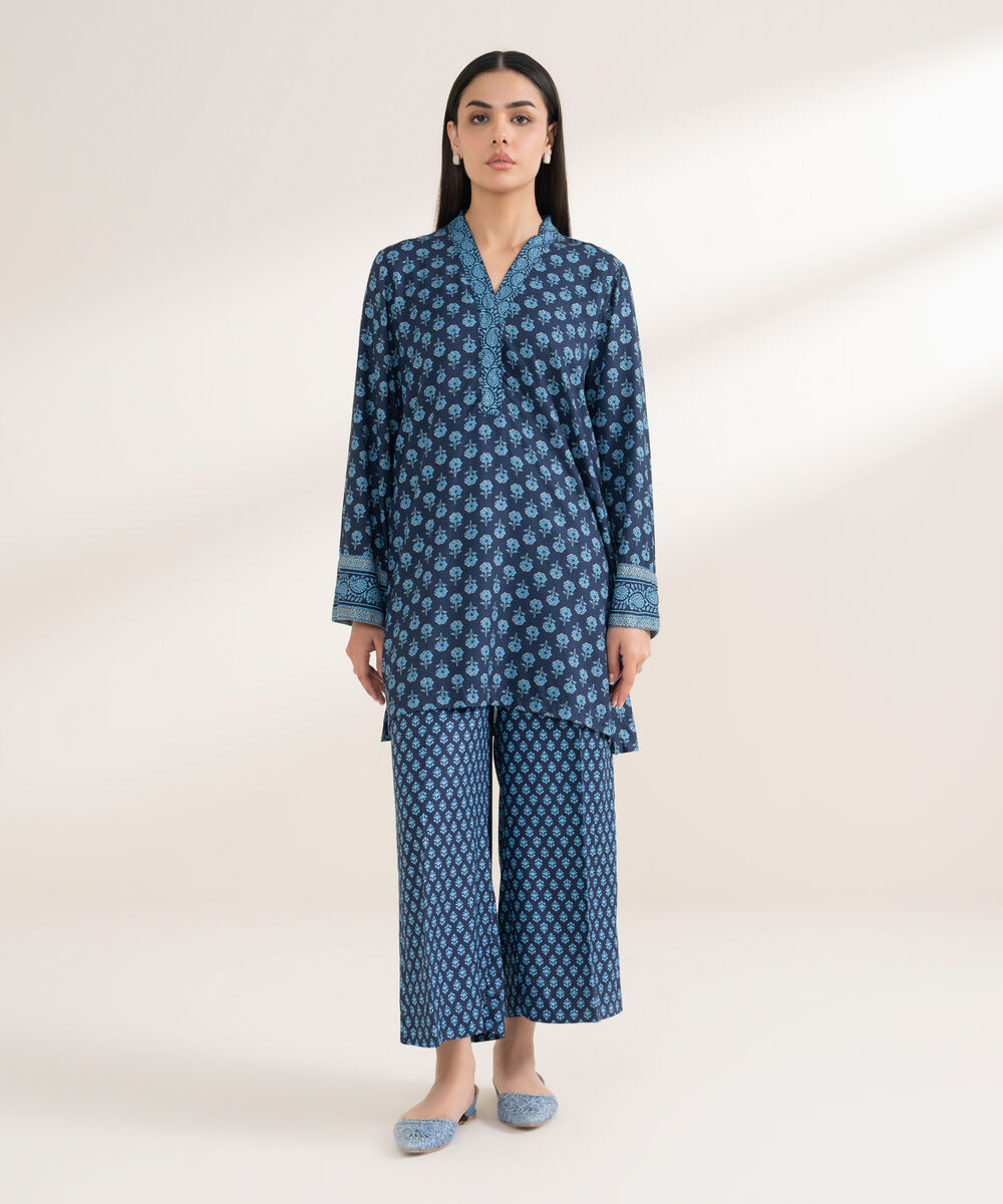 Women's RTW Arabic Dobby Printed Straight Blue Shirt