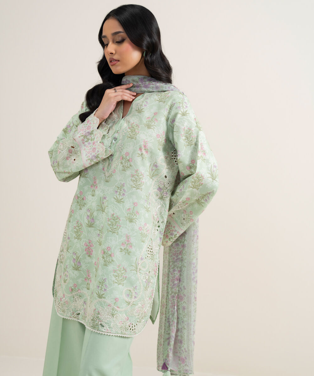 Women's Unstitched Lawn Embroidered Light Mint 3 Piece Suit