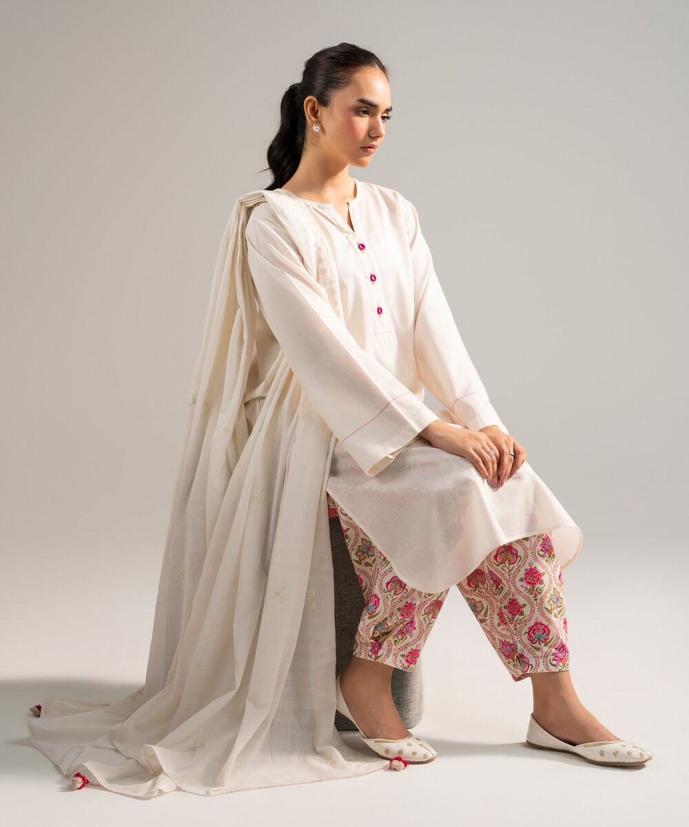 Women's RTW Dobby Solid Off White 3 Piece Suit