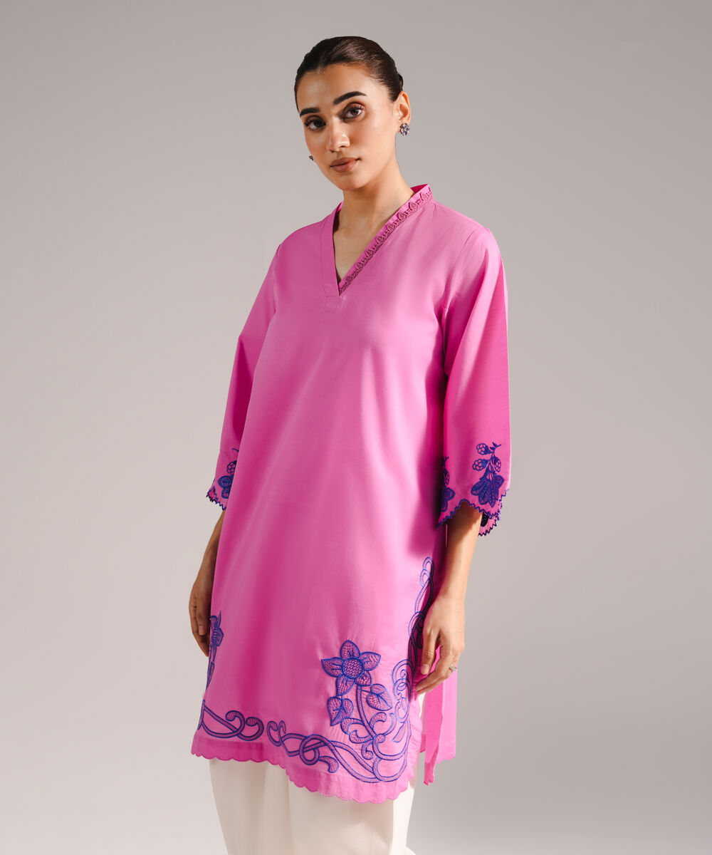 Women's RTW Slub Lawn Embroidered Straight Pink Shirt