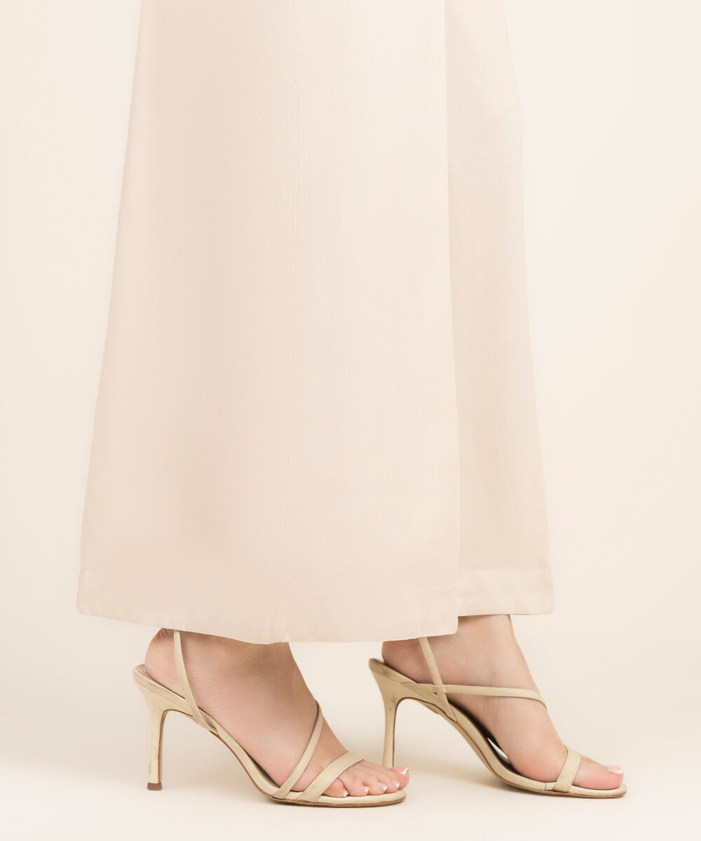 Women's RTW Viscose Linen Solid Beige Flared Pants