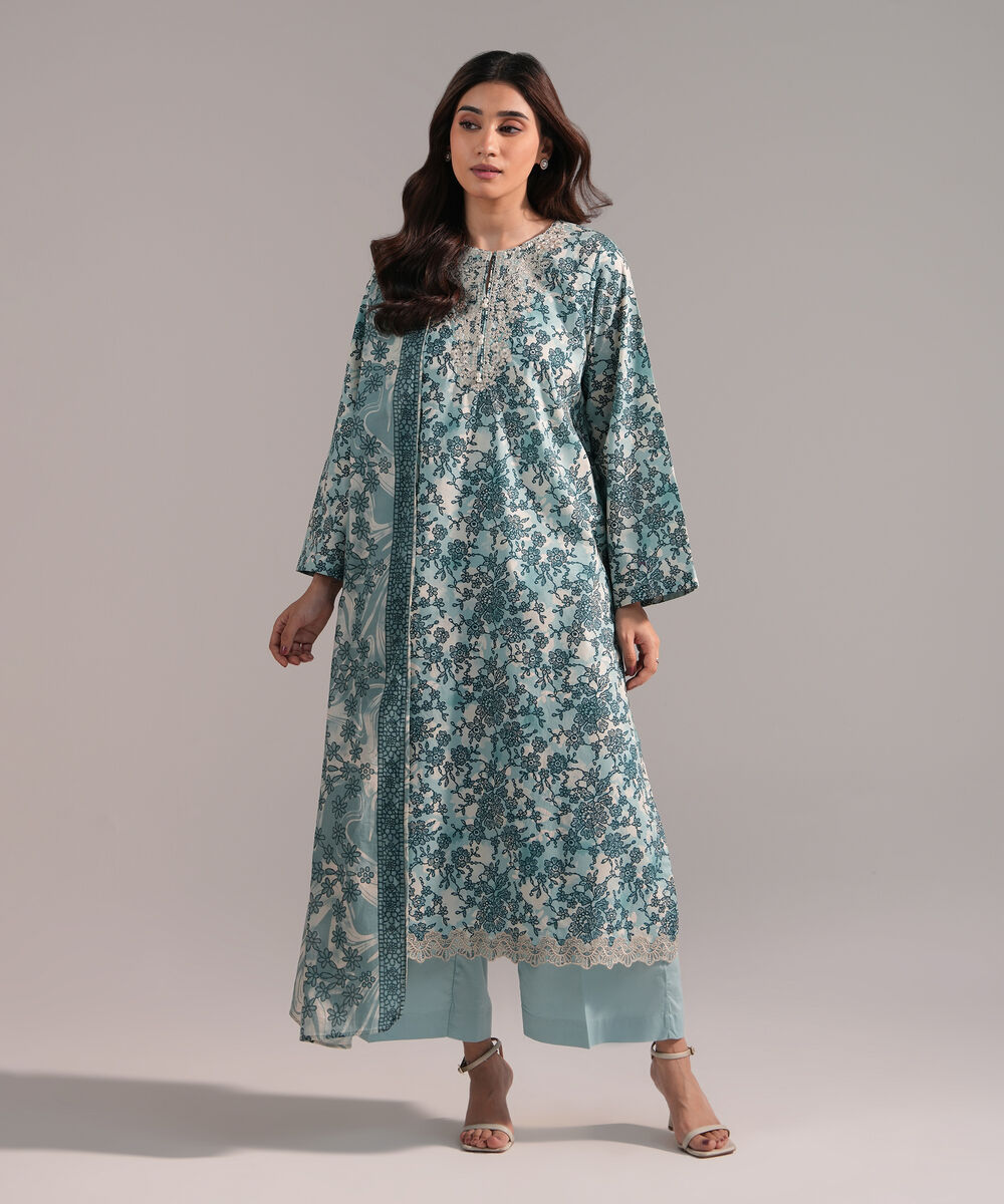 Women's RTW Cambric Embroidered Blue 3 Piece Suit