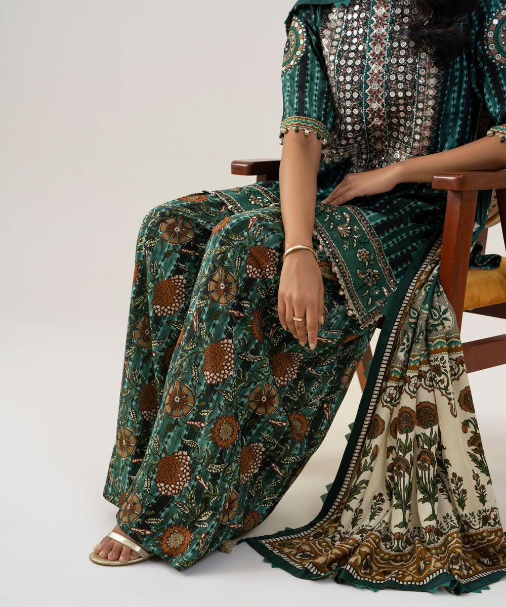 Women's Unstitched Linen Printed Green 3 Piece Suit