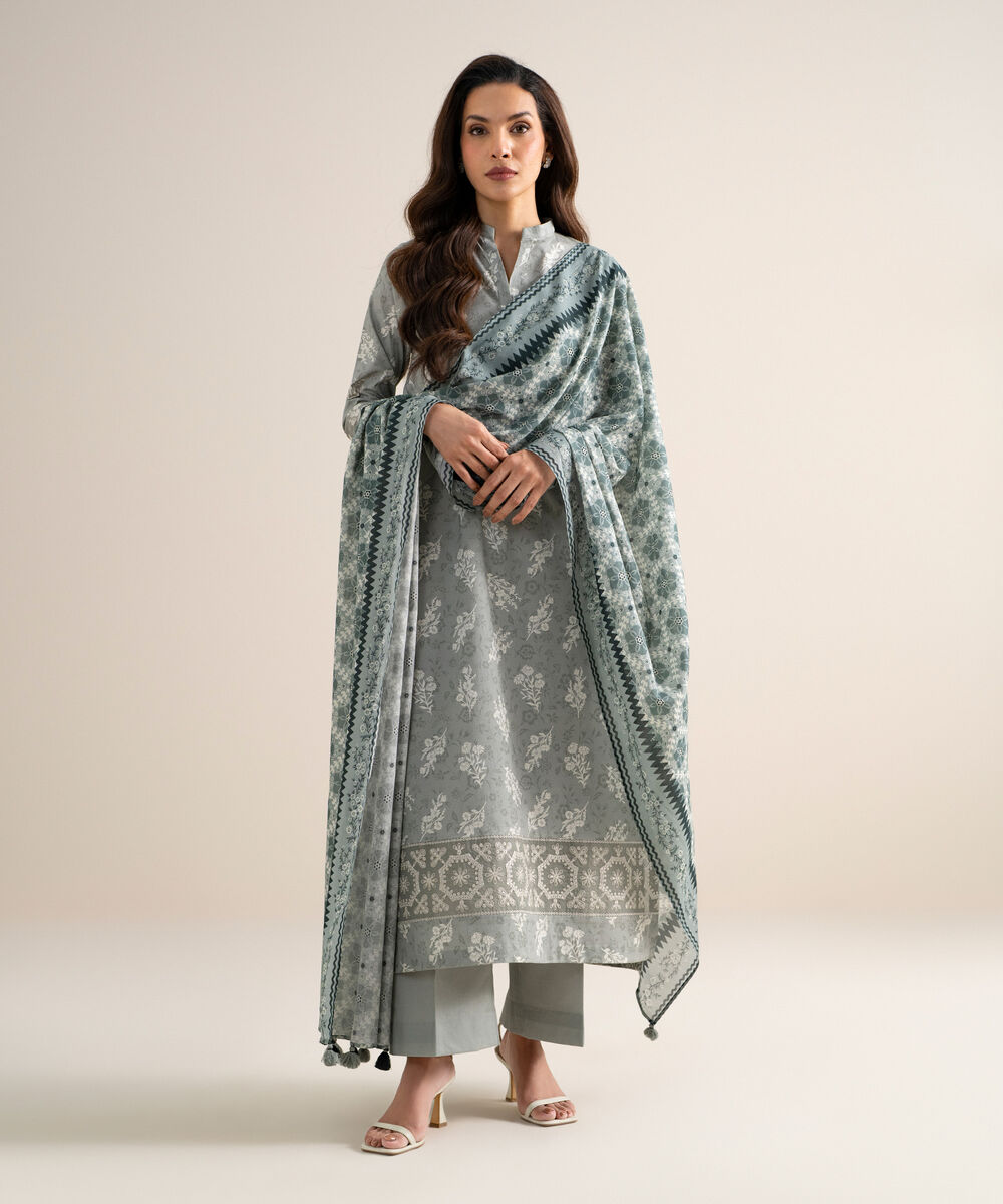 Women's Unstitched Lawn Embroidered Grey