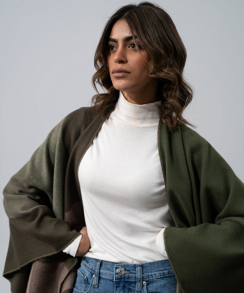 Women's Western Wear Olive Green Polyester Striped Cape Shawl