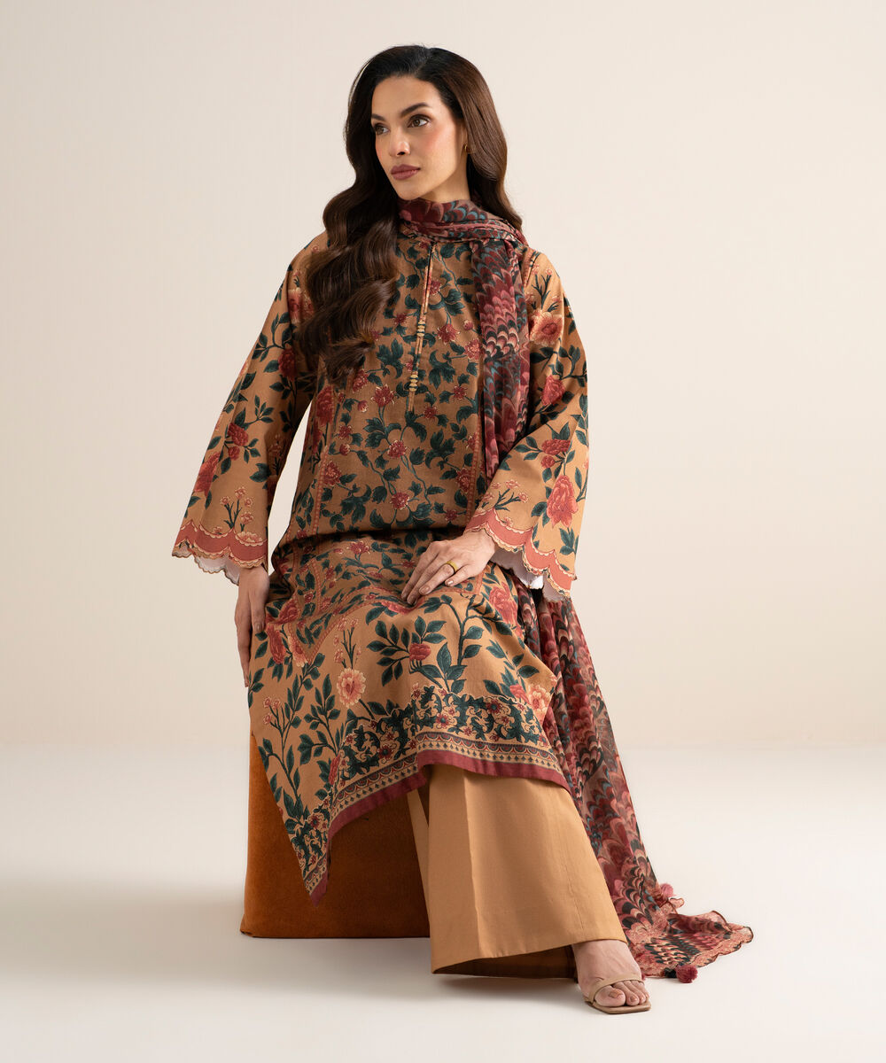Women's Unstitched Cotton Printed Multi  3 Piece Suit