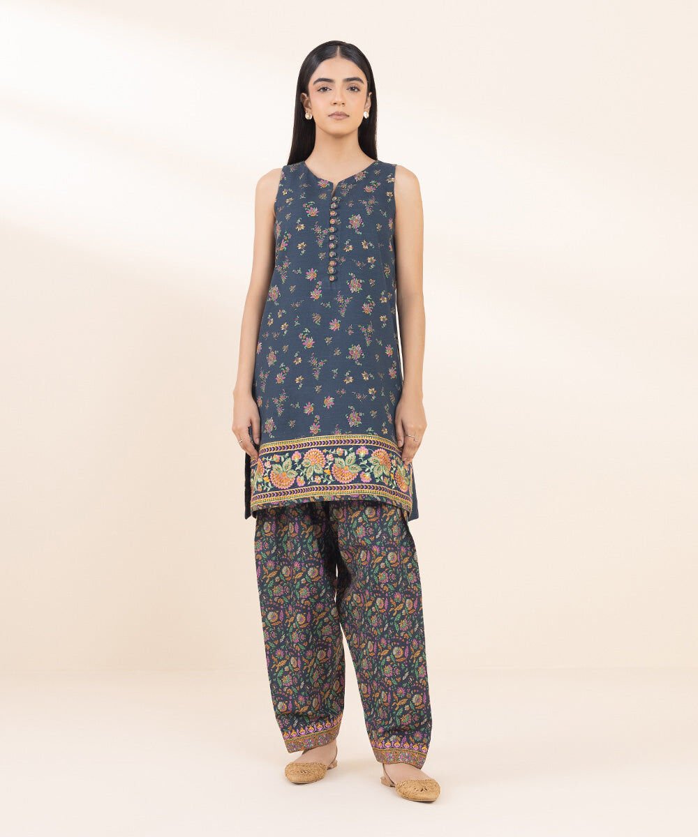 2 Piece - Embroidered Khaddar Suit Women's Pret Khaddar Blue Embroidered 2 Piece Suit