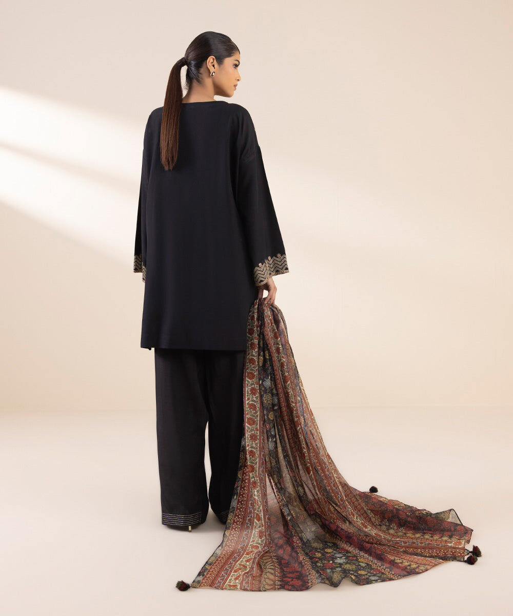 Woman - Black 3 Piece - Embroidered Raw Silk Suit