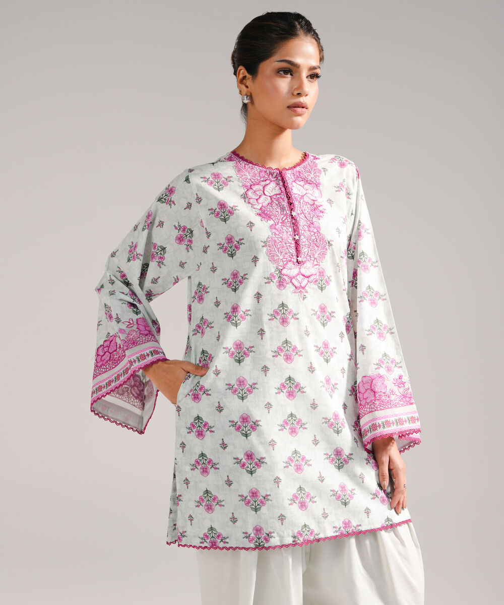 Women's RTW Slub Lawn Embroidered Seafoam Green Straight Shirt