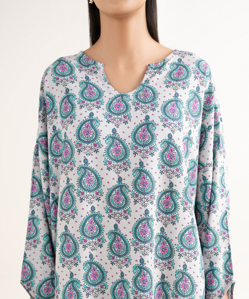 Women's RTW Textured Viscose Printed Drop Shoulder Grey Shirt