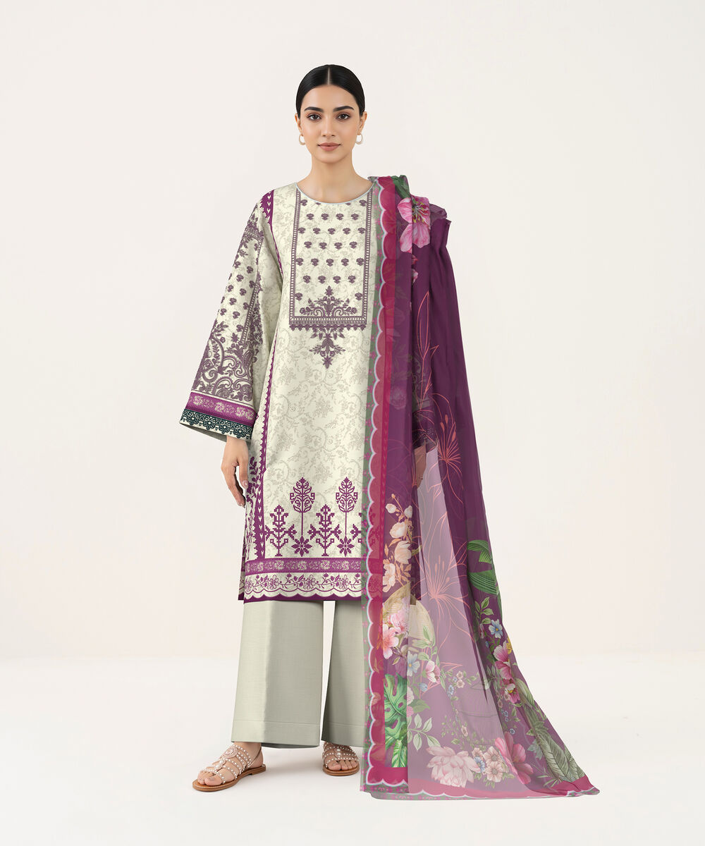 Women's Unstitched Lawn Cream Embroidered 3 Piece Suit