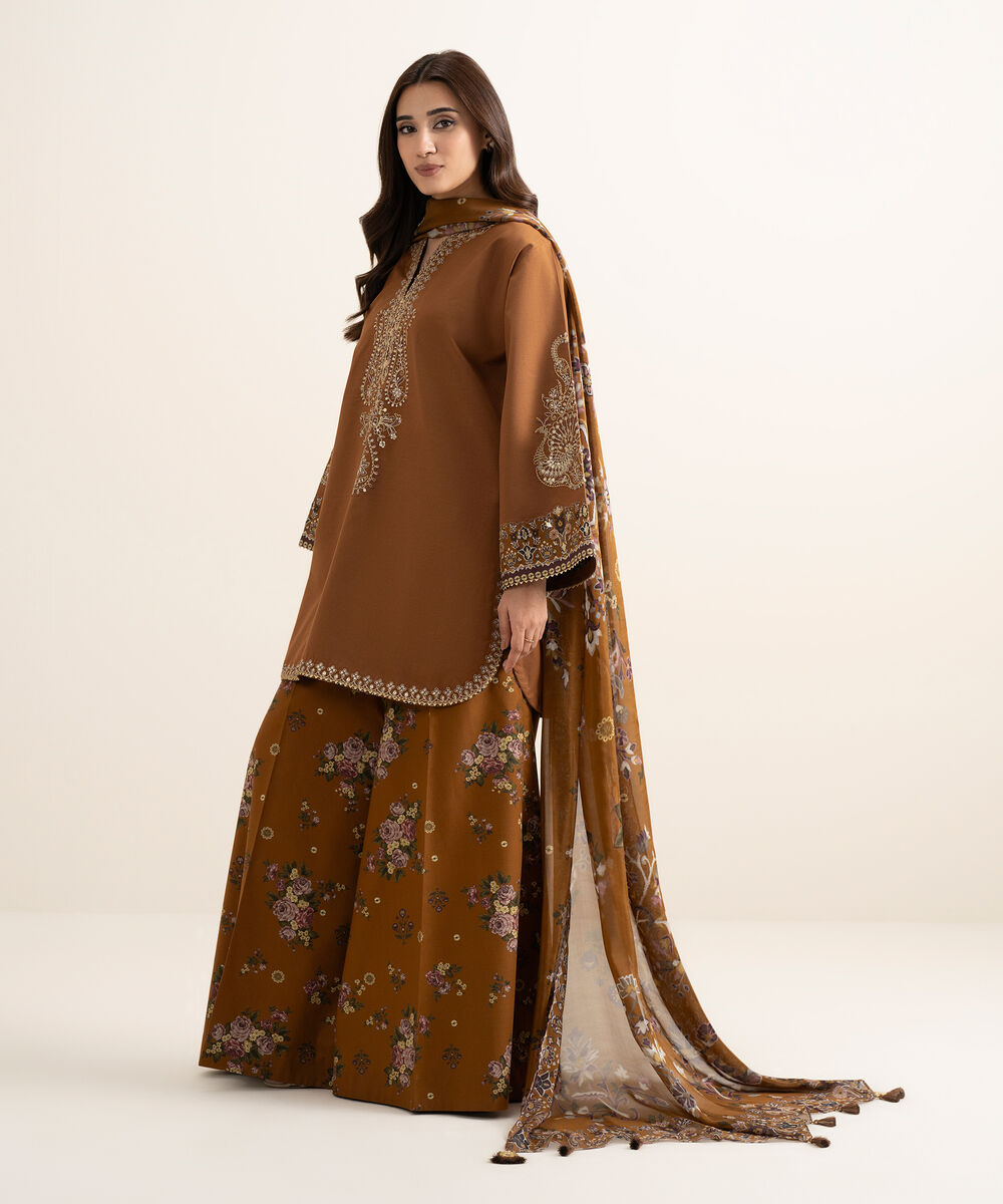 Women's Unstitched Textured Lawn Embroidered Brown 3 Piece Suit