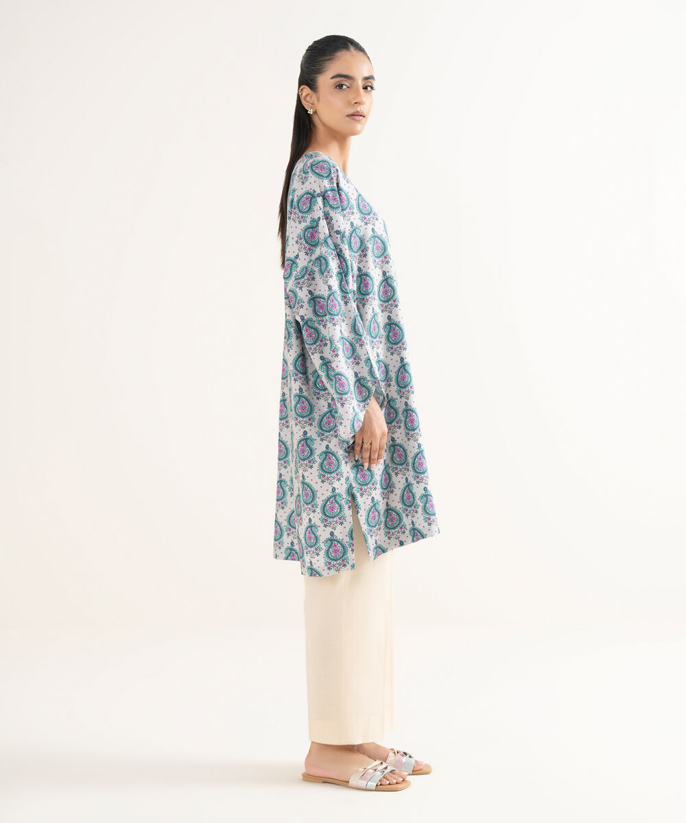 Women's RTW Cotton Printed Drop Shoulder Grey Shirt