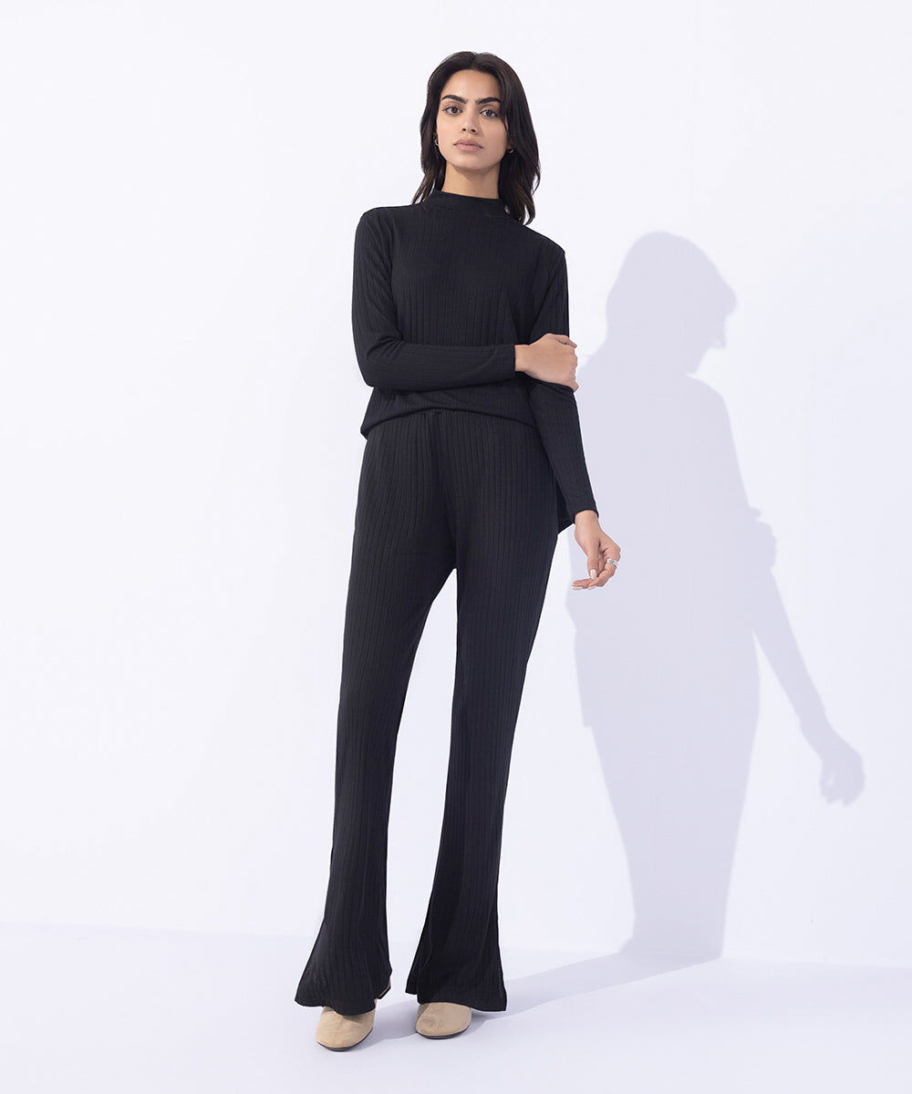 Woman - Black Ribbed Flared Trousers