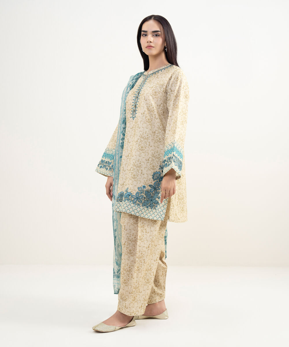 Women's Unstitched Lawn Embroidered Beige   3 Piece Suit