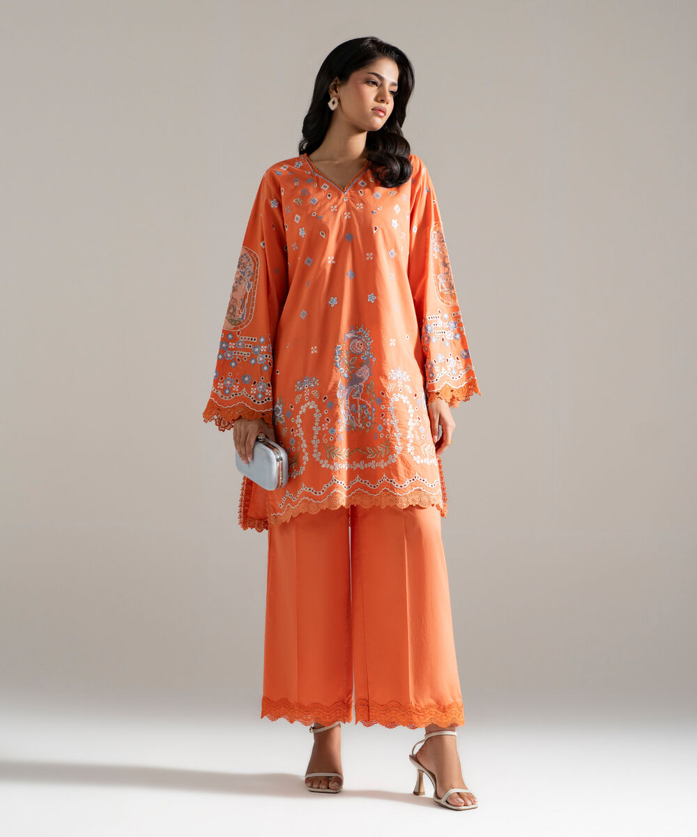 Women's RTW Lawn Embroidered Orange 2 Piece Suit
