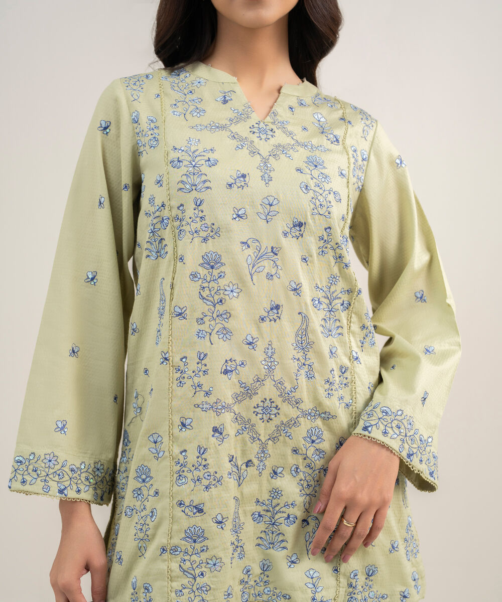 Women's RTW Dobby Embroidered Green 3 Piece Suit