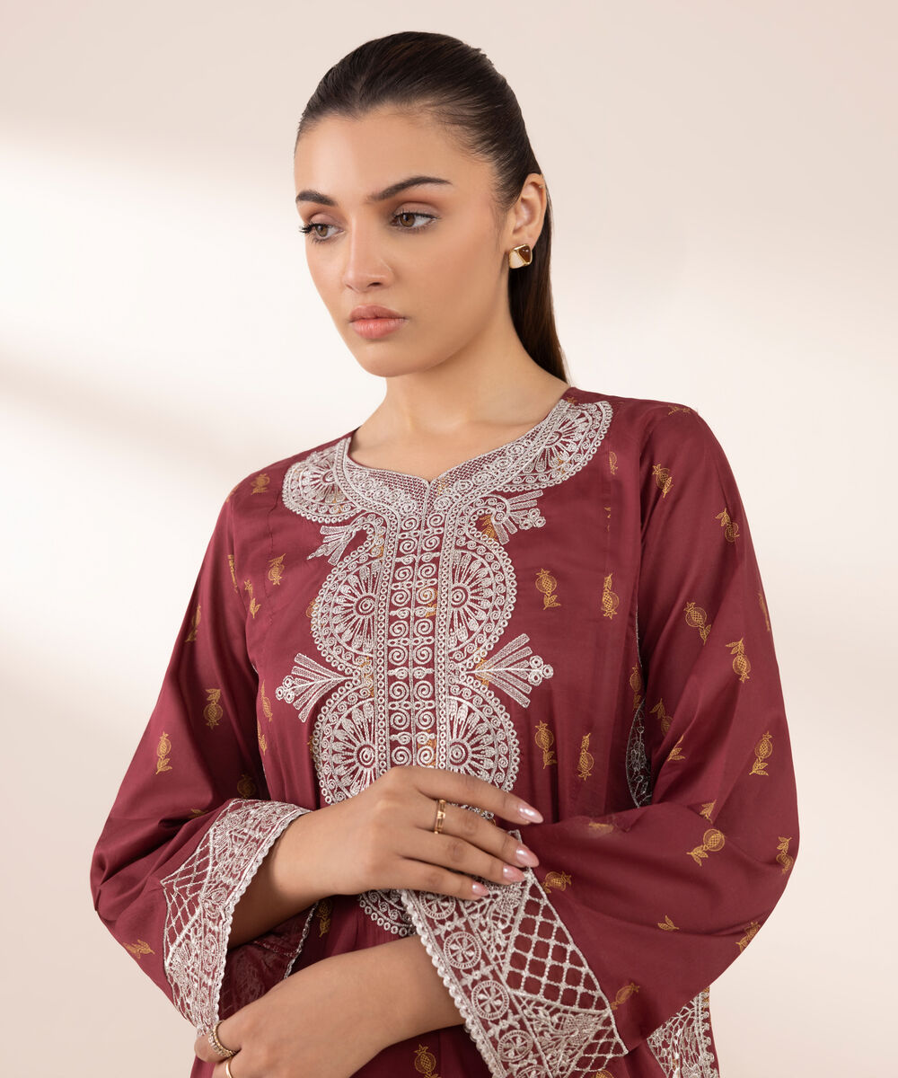 Women's RTW Lawn Red Embroidered A-Line Shirt